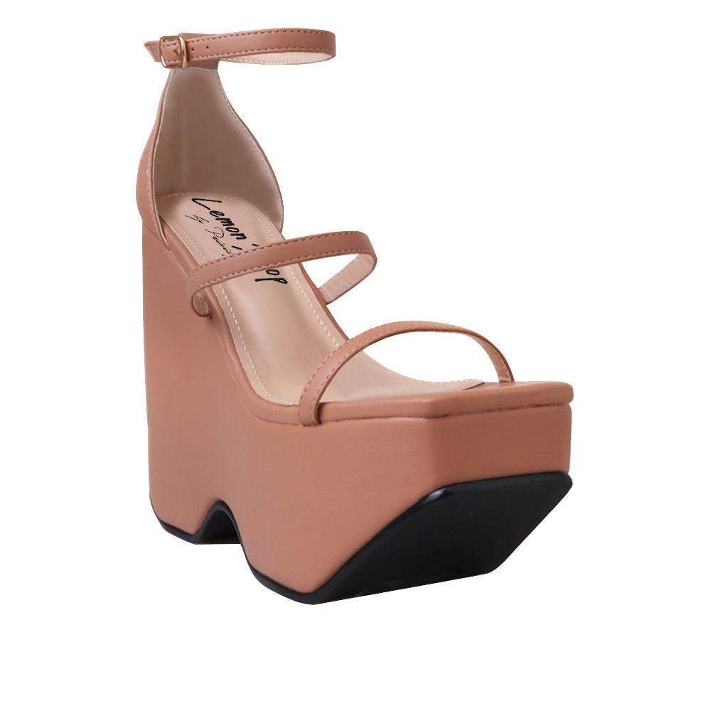 Open toe women wedge shoes in nude-corner view