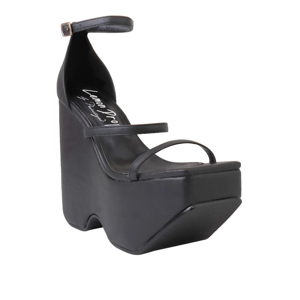 Open toe women wedge shoes in black-corner view