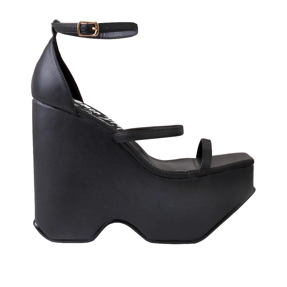 Open toe women wedge shoes in black-side view