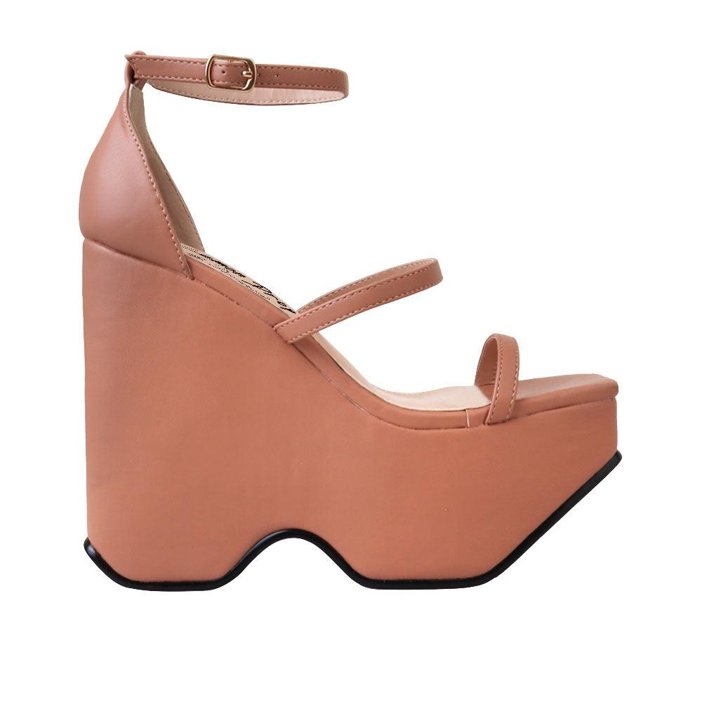 Open toe women wedge shoes in nude-side view