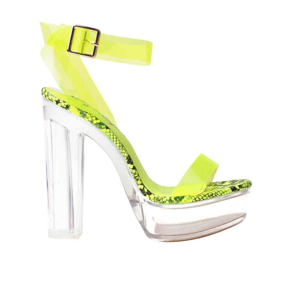 Green colored women block heels with vinyl upper-side view