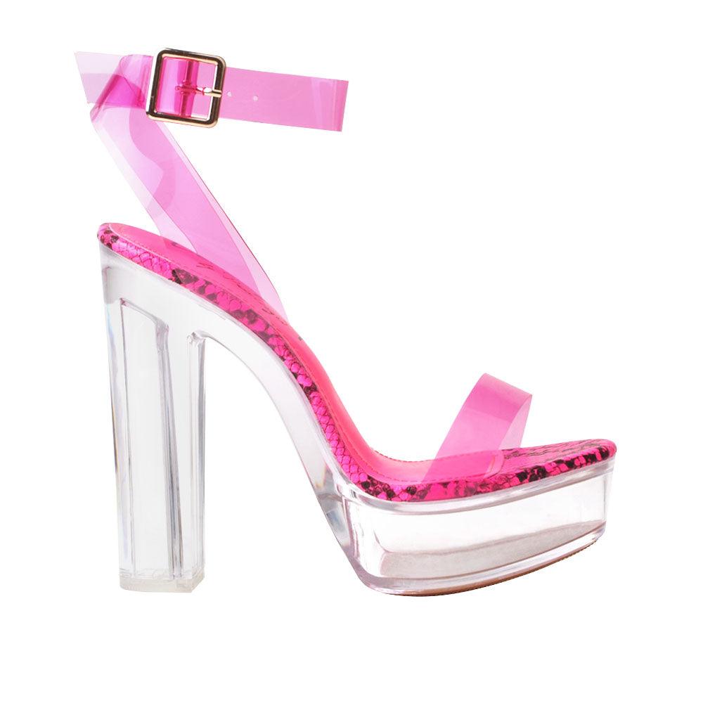 Pink colored women block heels with vinyl upper-side view