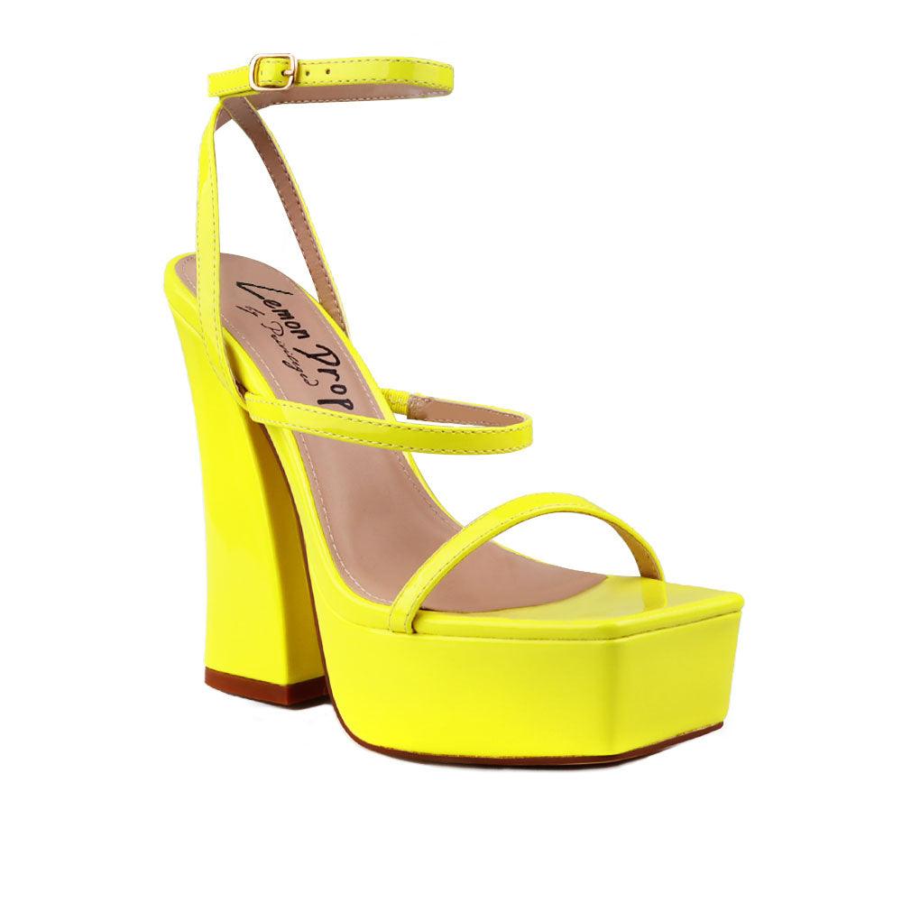 Neon yellow women's block heel with platform-corner view