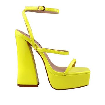 Neon yellow women's block heel with platform-side view