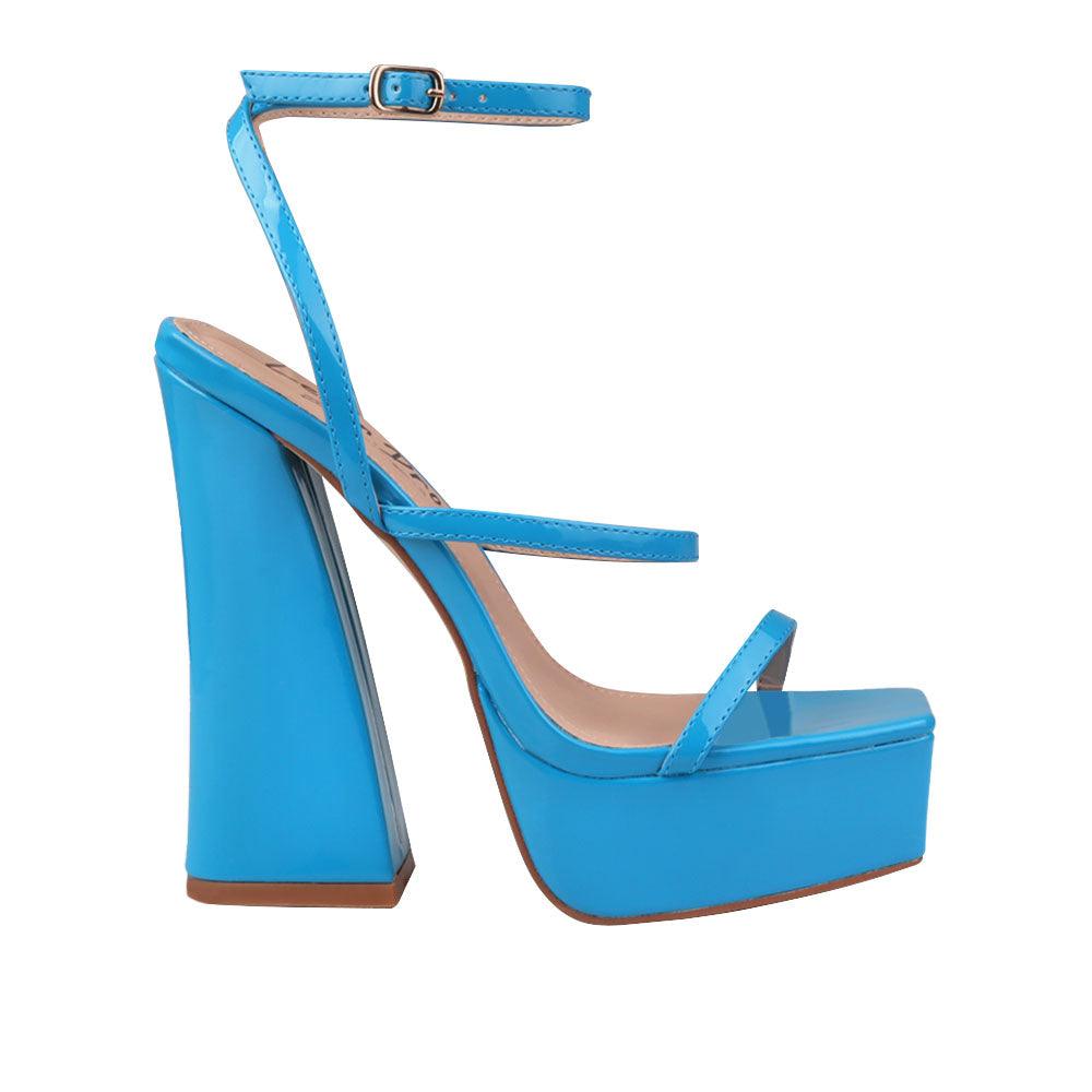 Turquoise women's block heel with platform-side view