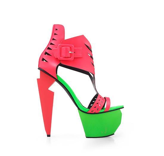 Vegan leather upper lightning shaped women's heel in neon coral