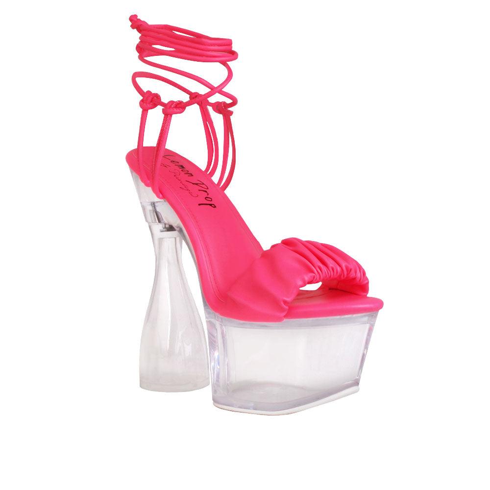 Transparent women's heel with lace tie up in fuchsia-corner view