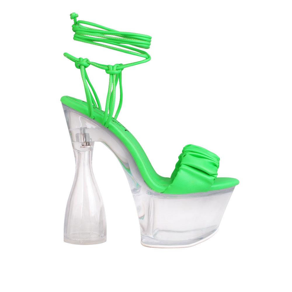 Transparent women's heel with lace tie up in neon green-side view