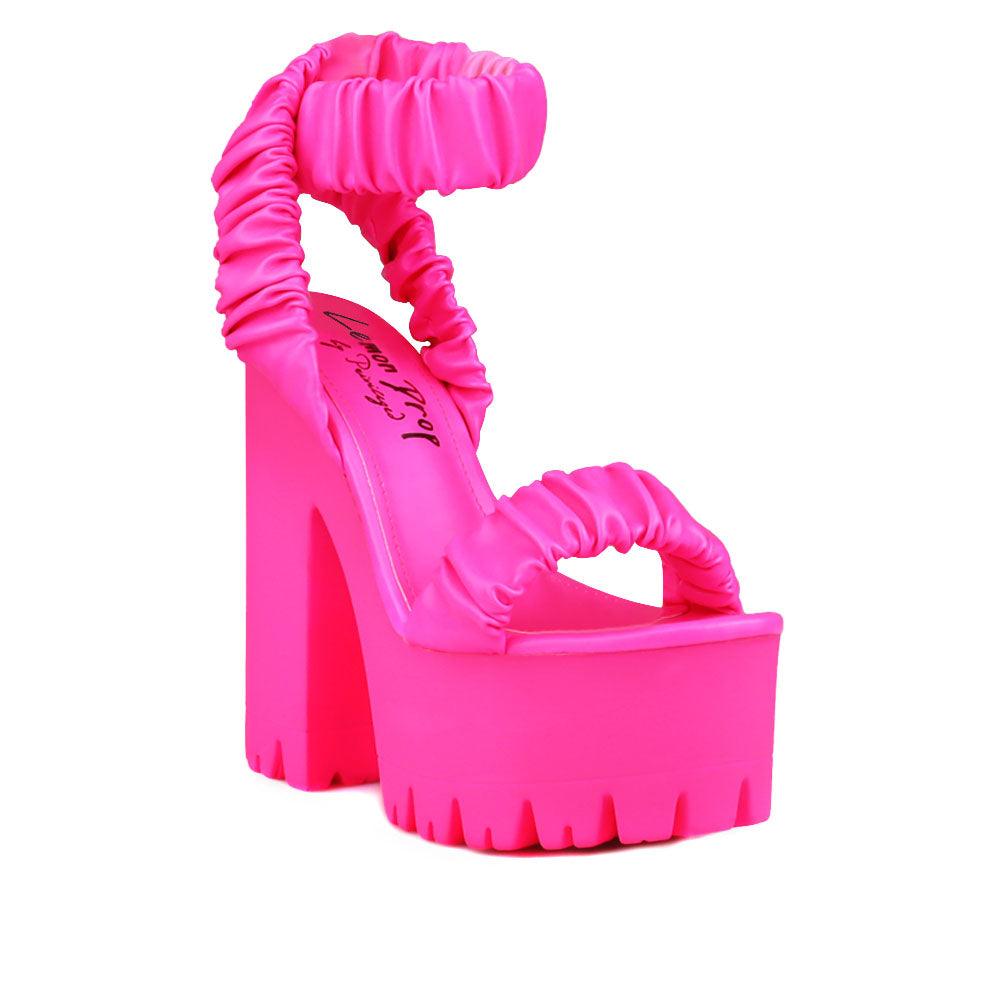 Women platform heels with velcro strap in neon pink-corner view