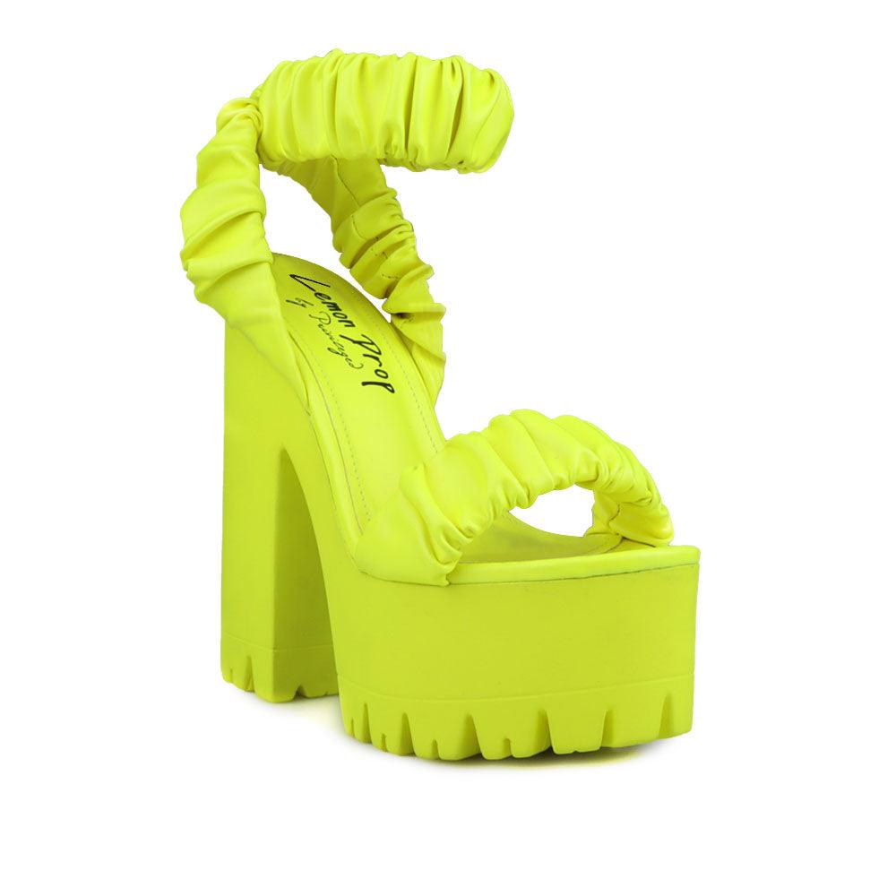 Women platform heels with velcro strap in neon yellow-corner view