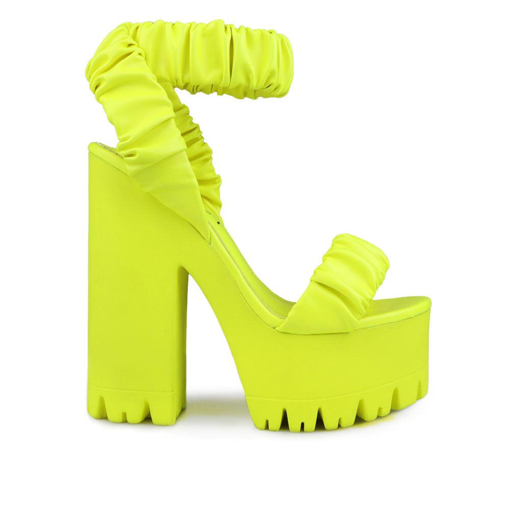 Women platform heels with velcro strap in neon yellow-side view