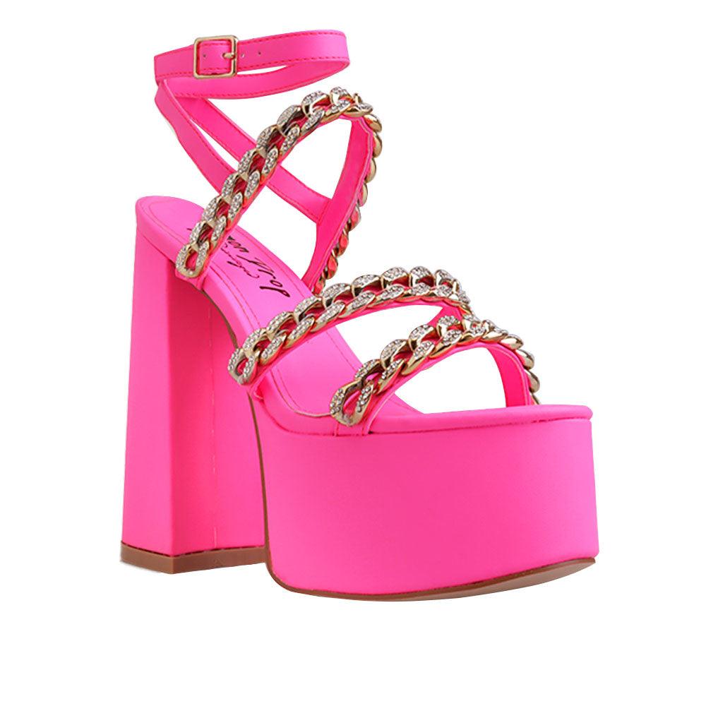 Pink colored women platforms with golden chain straps-corner view