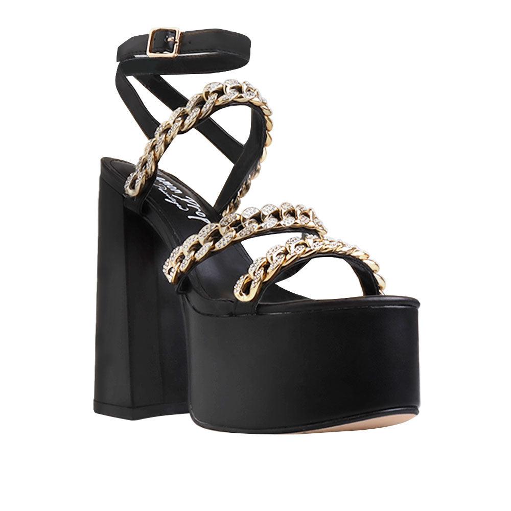 Black colored women platforms with golden chain straps-corner view