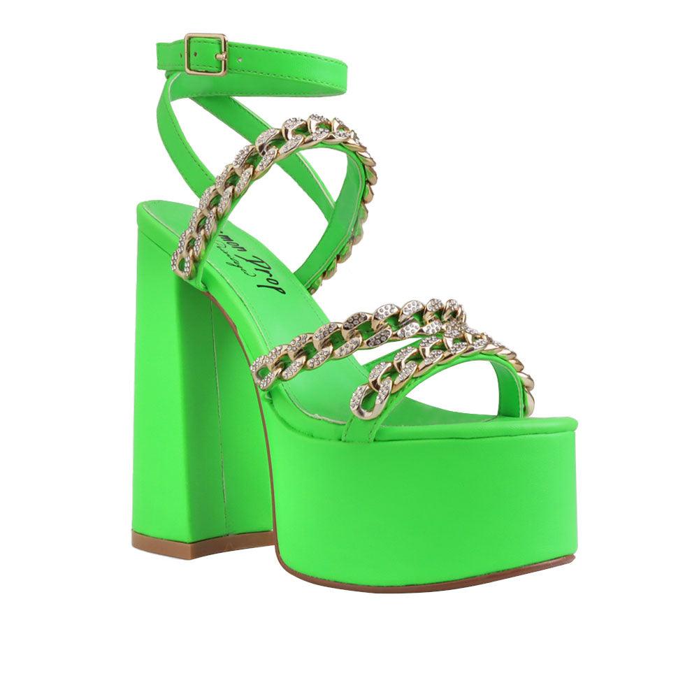 Green colored women platforms with golden chain straps-corner view