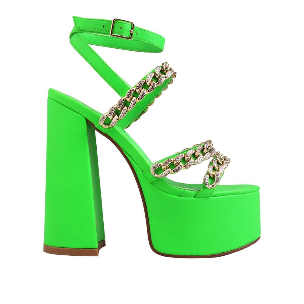 Green colored women platforms with golden chain straps-side view