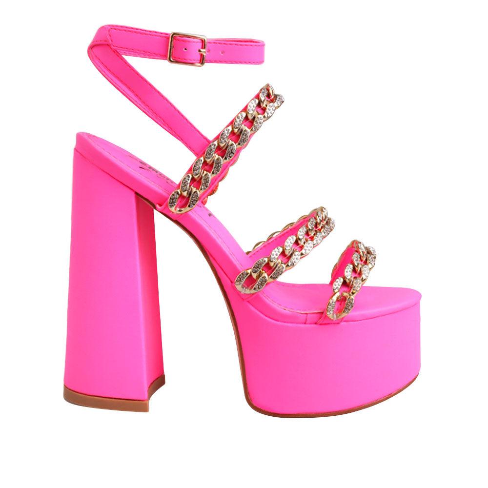 Pink colored women platforms with golden chain straps-side view