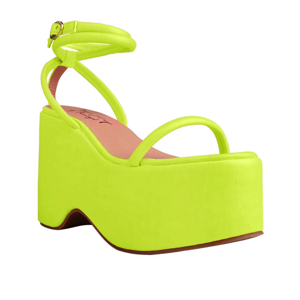 Green colored women platforms with strappy ankle buckle closure-corner view