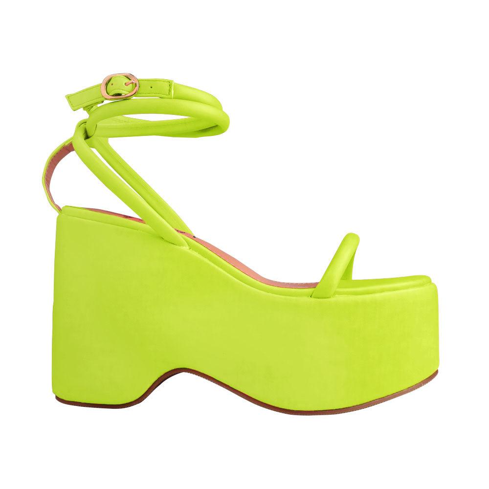 Green colored women platforms with strappy ankle buckle closure-side view