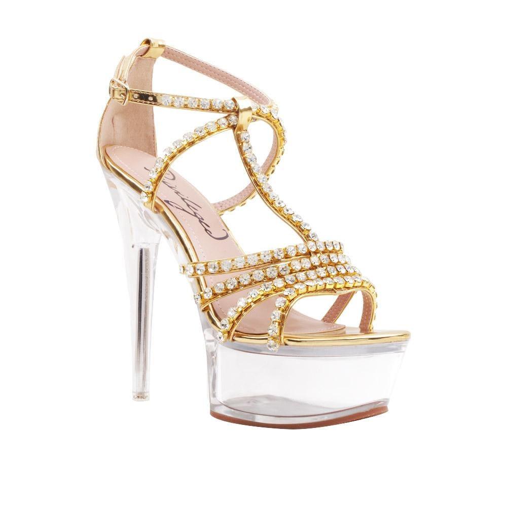 Golden colored women heels with rhinestone accents and clear platform-corner view