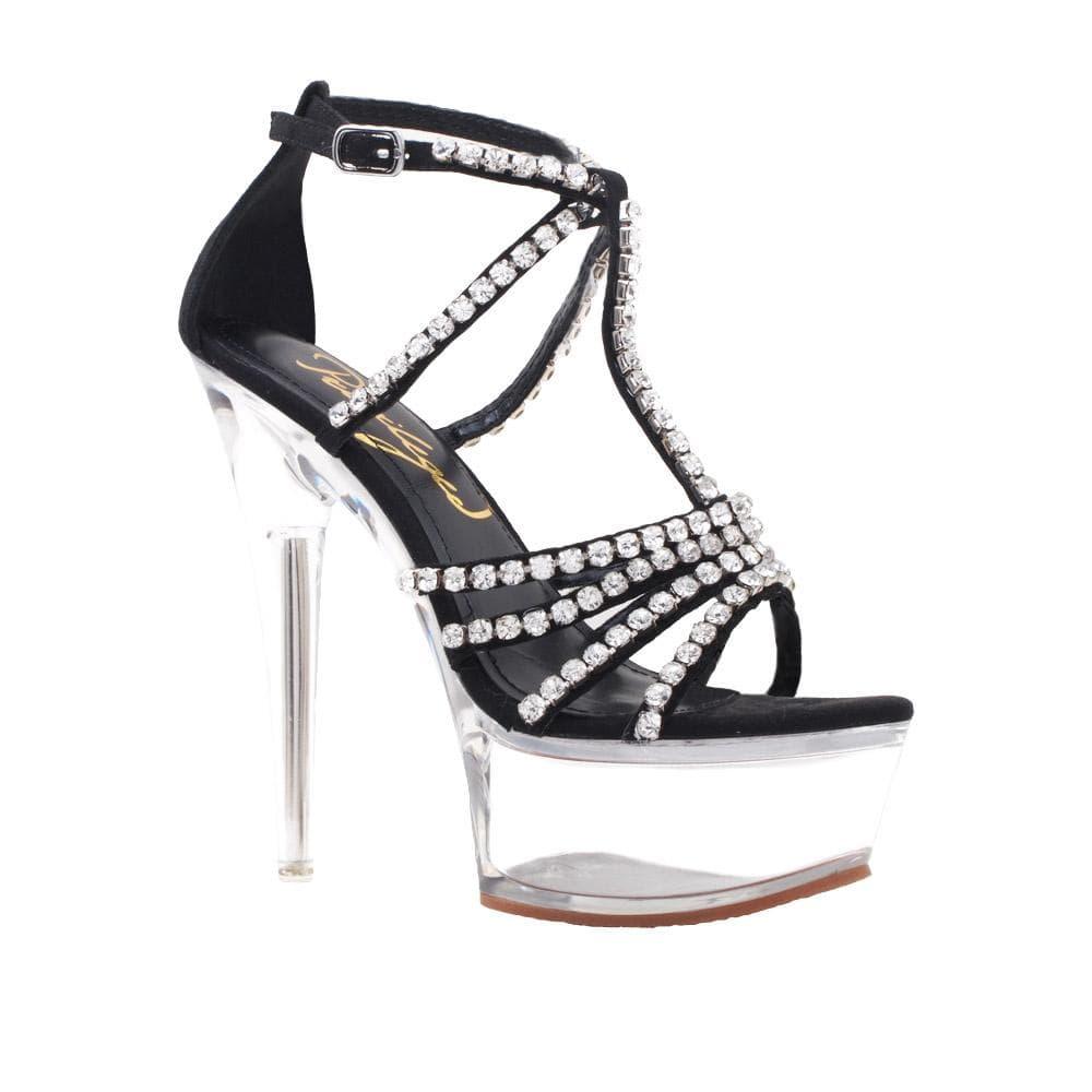 Black colored women heels with rhinestone accents and clear platform-corner view