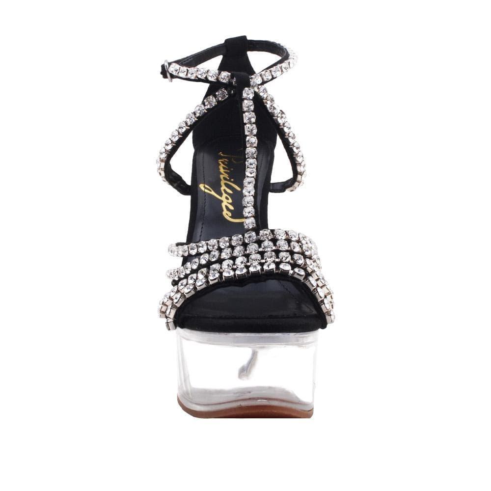 Black colored women heels with rhinestone accents and clear platform-front view