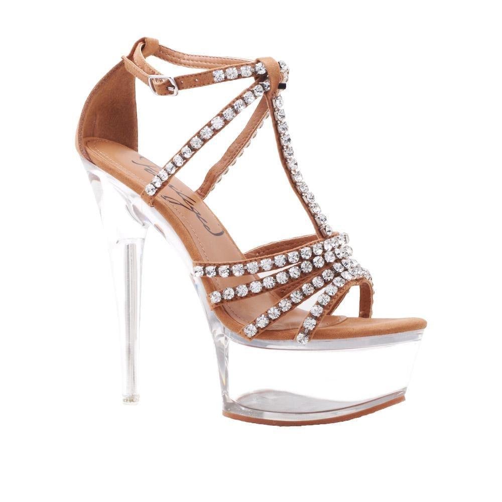 tan colored women heels with rhinestone accents and clear platform-corner view