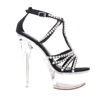 Black colored women heels with rhinestone accents and clear platform-side view