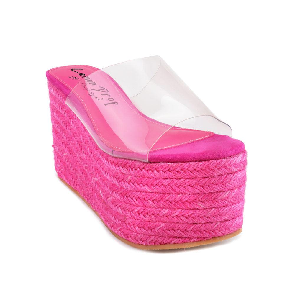 Pink colored women platforms with clear vinyl upper-corner view