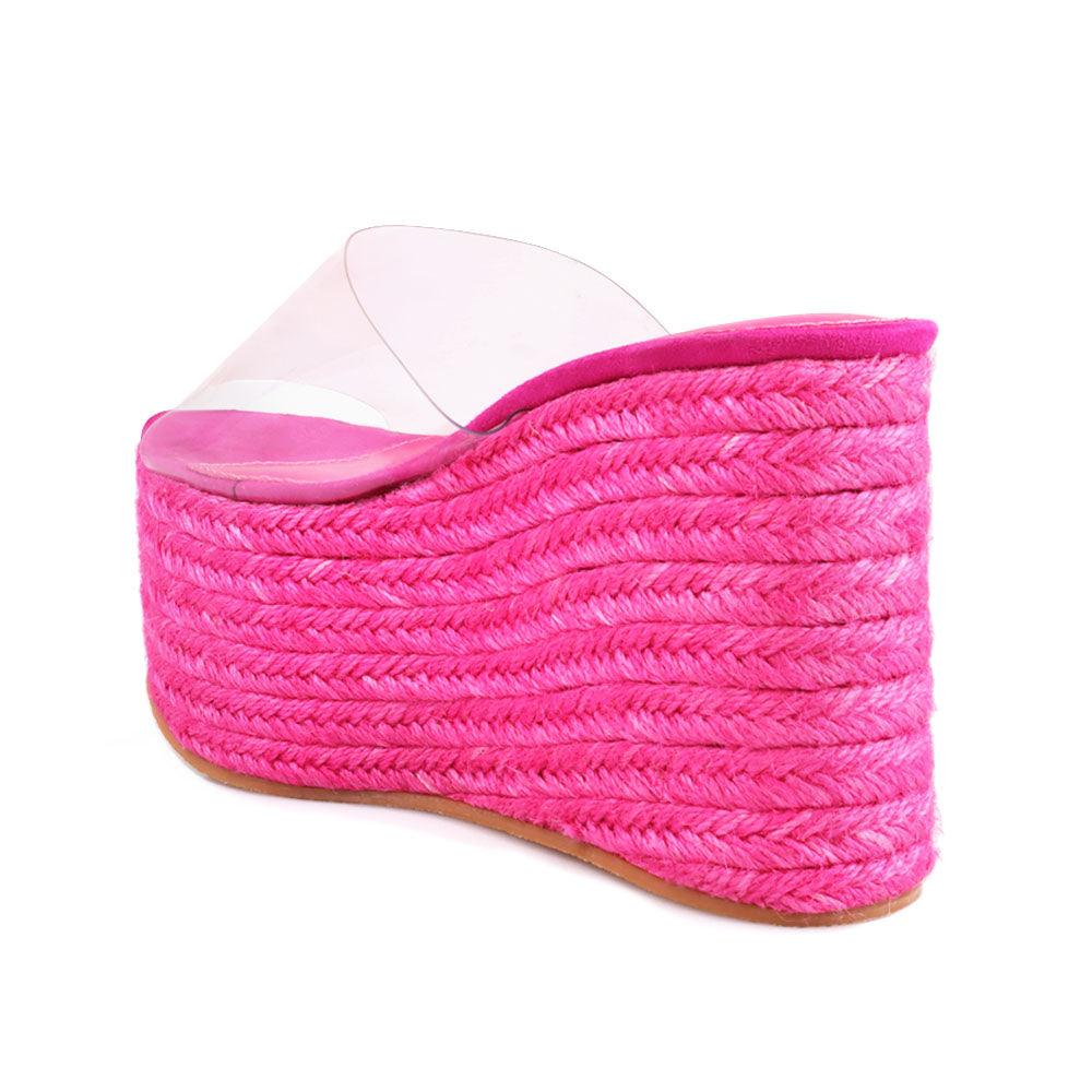 Pink colored women platforms with clear vinyl upper-posterior view