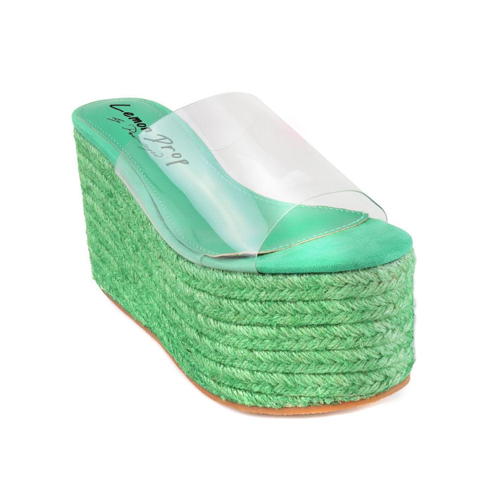 Green colored women platforms with clear vinyl upper-corner view