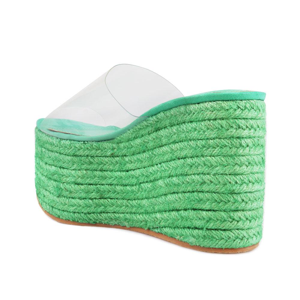 Green colored women platforms with clear vinyl upper-posterior view