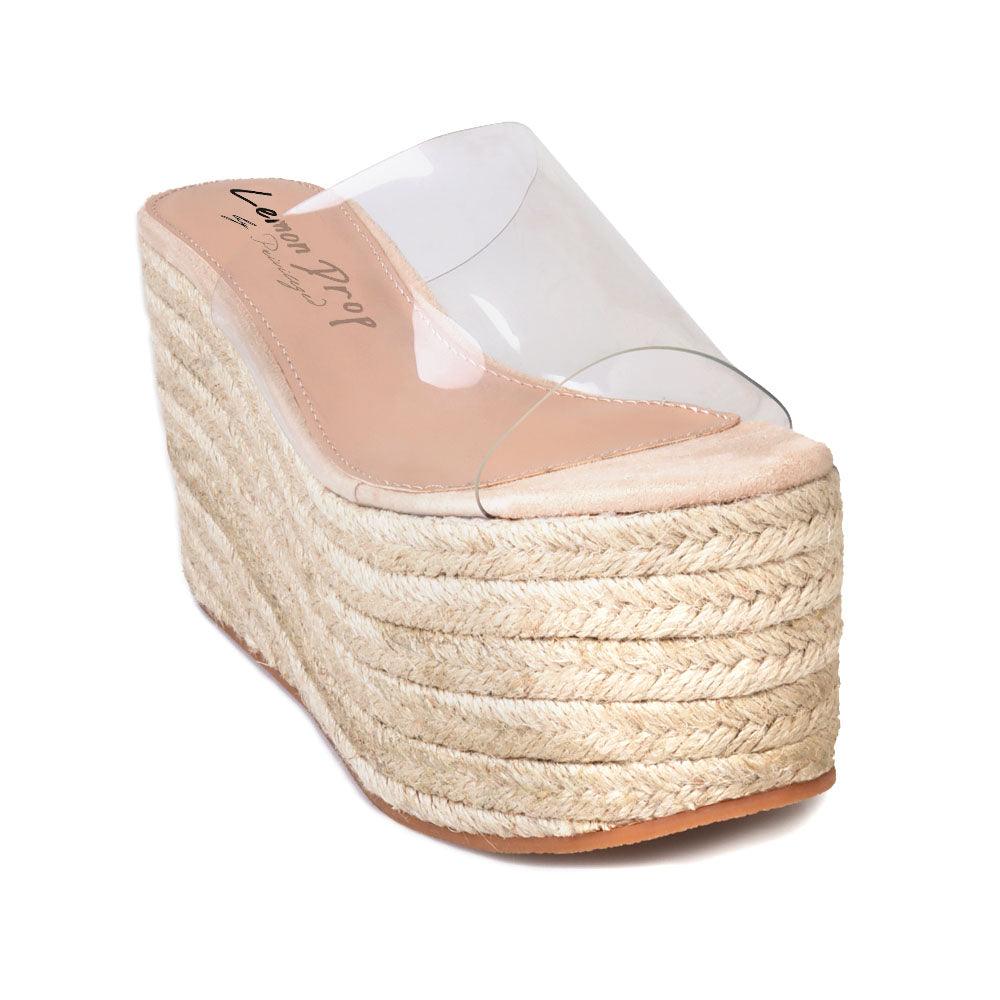 Nude colored women platforms with clear vinyl upper-corner view