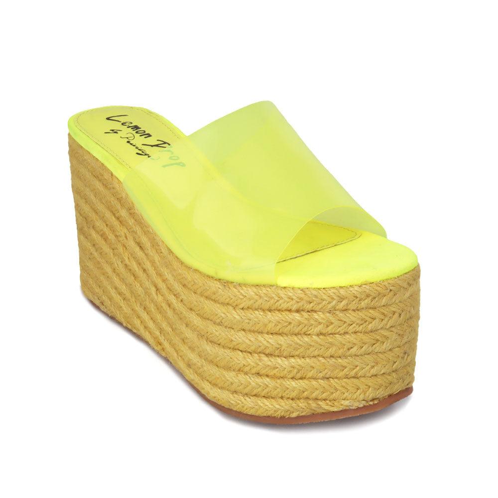 yellow colored women platforms with clear vinyl upper-corner view