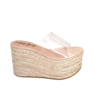 Nude colored women platforms with clear vinyl upper-side view