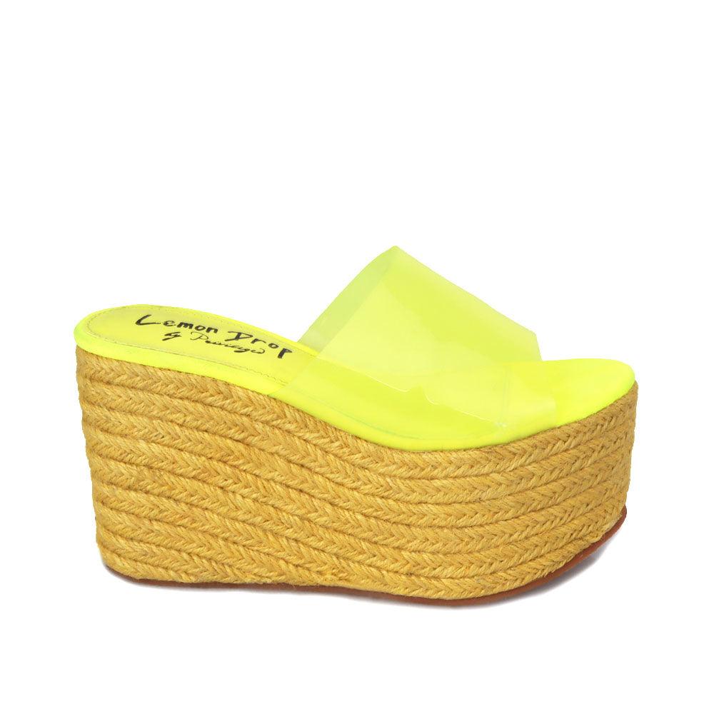 yellow colored women platforms with clear vinyl upper-side view