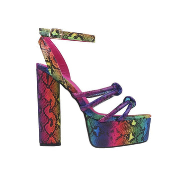Rainbow colored women heels with ankle buckle closure and two upper straps