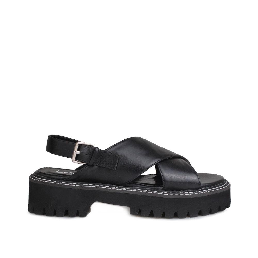 Black women platforms with ankle buckle-side view