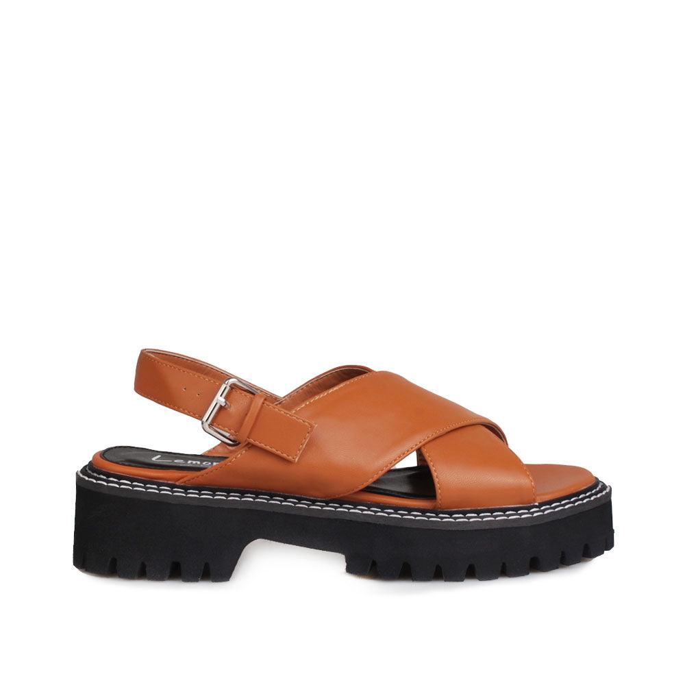 Brown women platforms with ankle buckle-side view