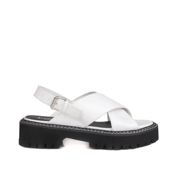 White women platforms with ankle buckle-side view