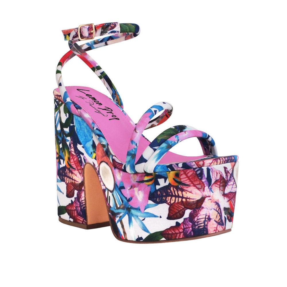 Floral women platform heels with ankle buckle closure-corner view