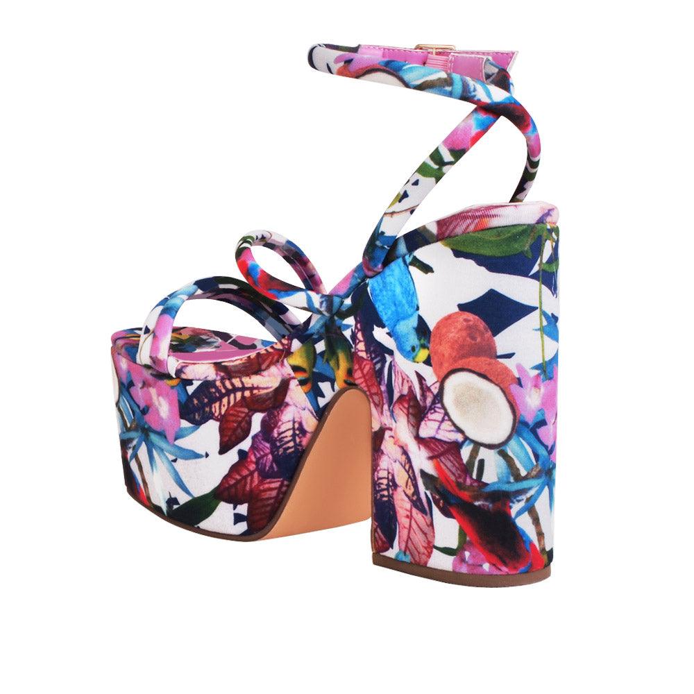 Floral women platform heels with ankle buckle closure-posterior view