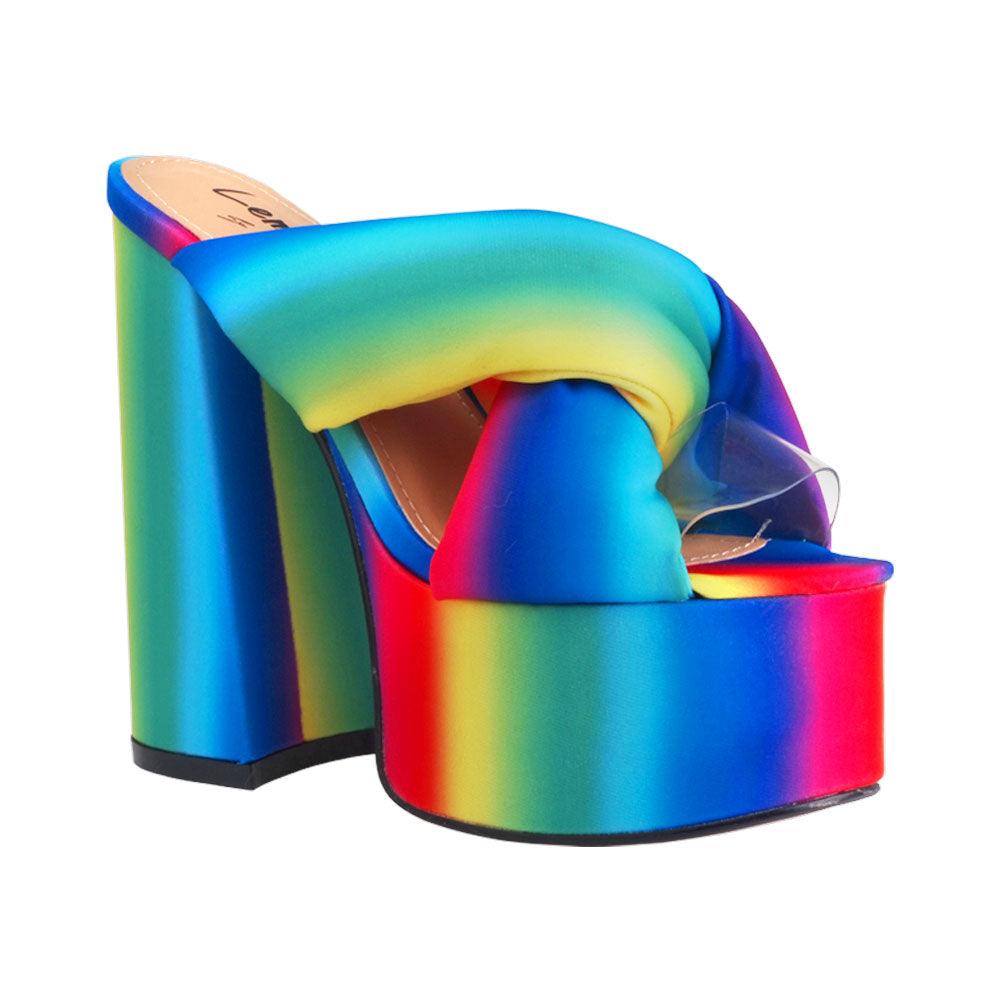 Rainbow colored fur women platforms-corner view