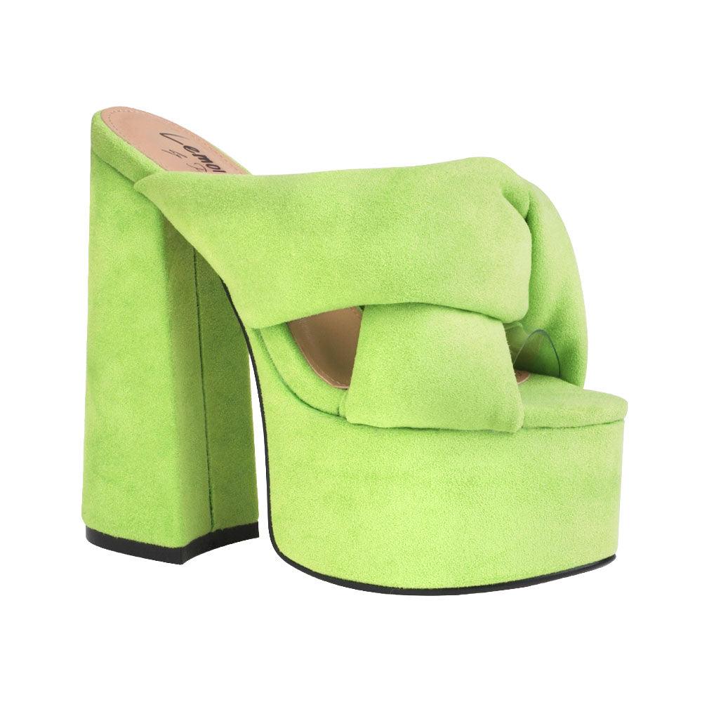 Lime colored fur women platforms-corner view