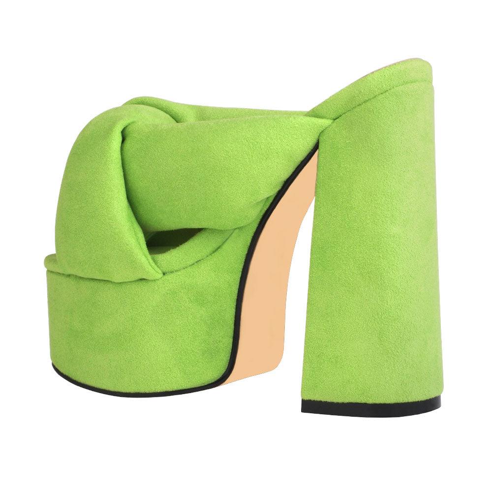 Lime colored fur women platforms-posterior view