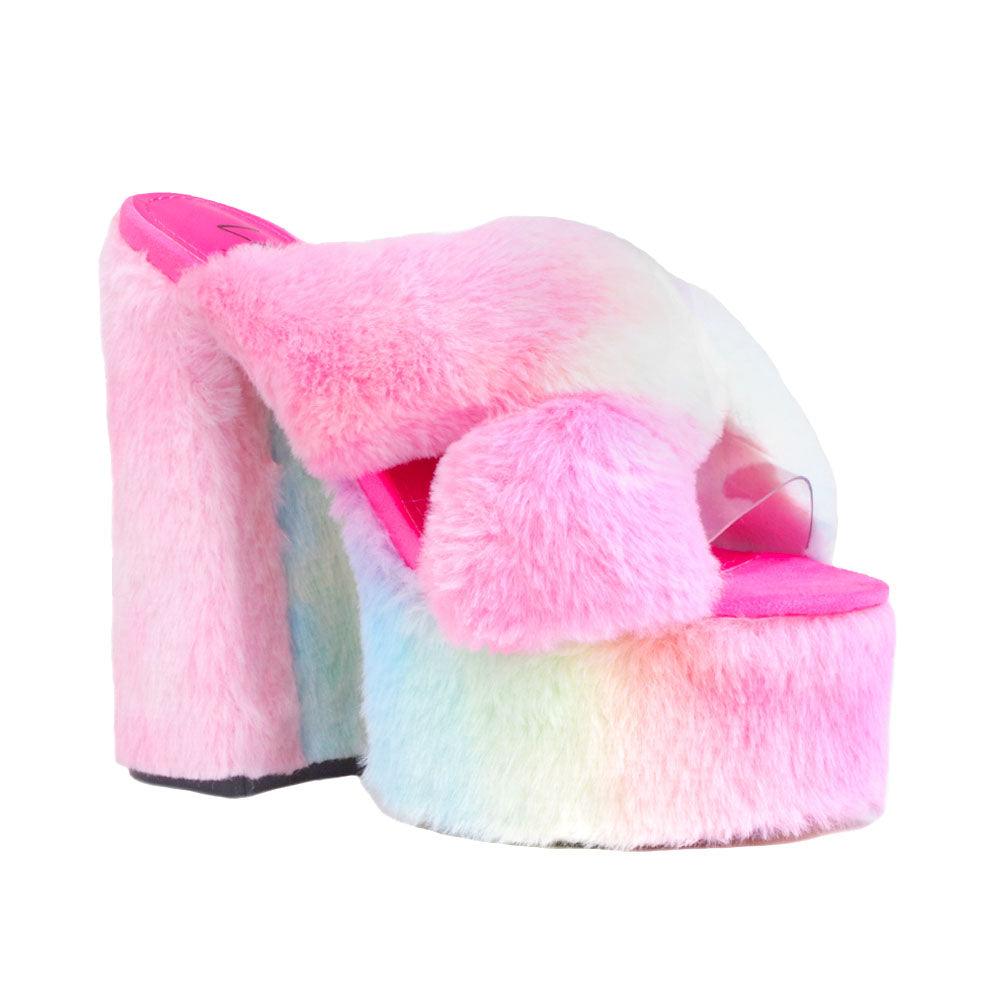 Pink colored fur women platforms-corner view