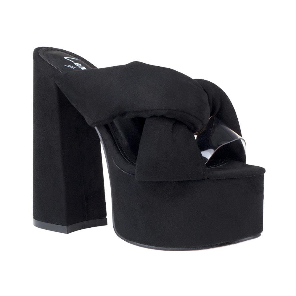 Black colored fur women platforms-corner view