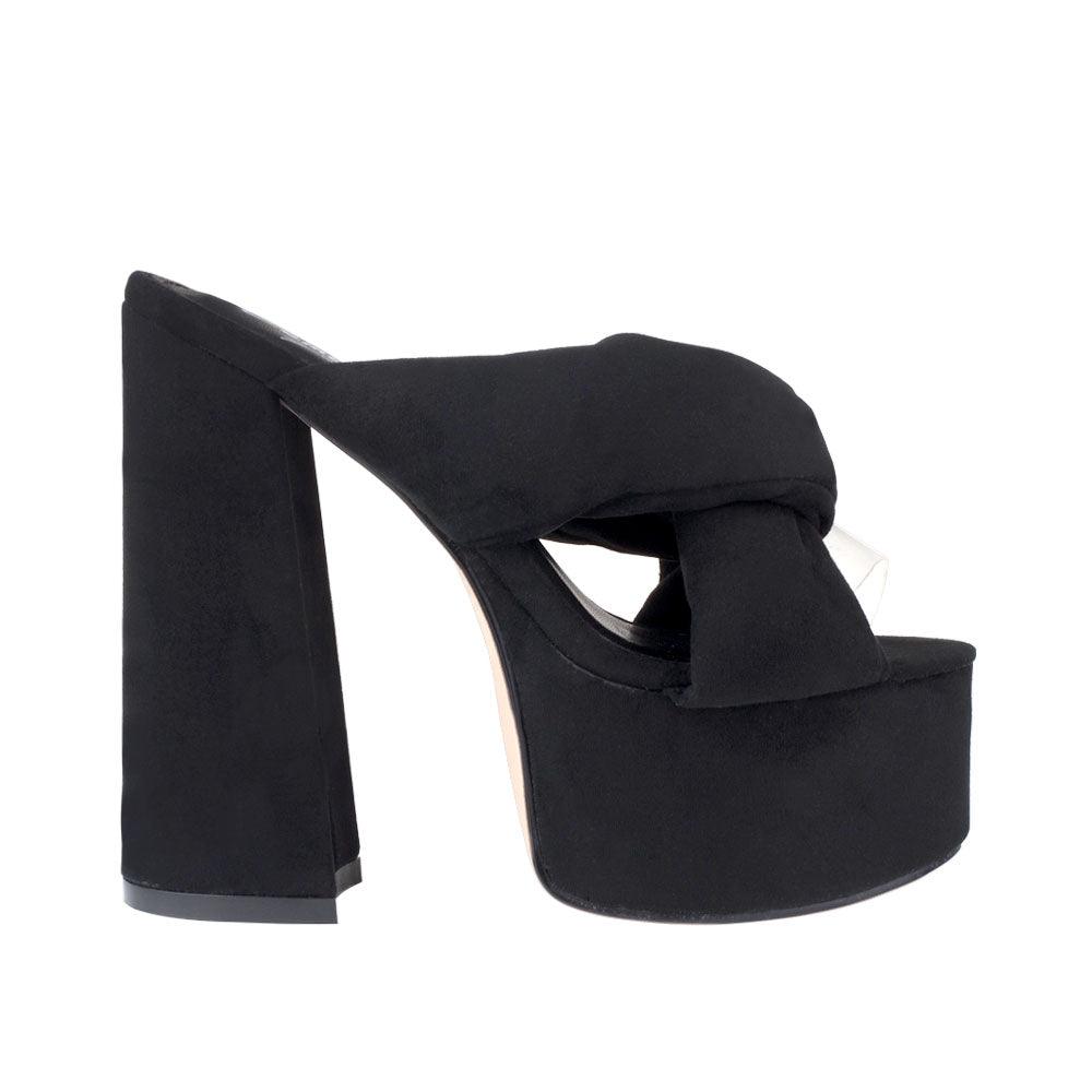 Black colored fur women platforms-side view