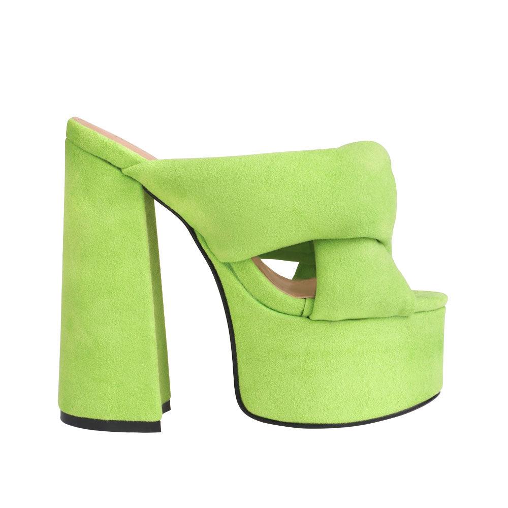 Lime colored fur women platforms-side view