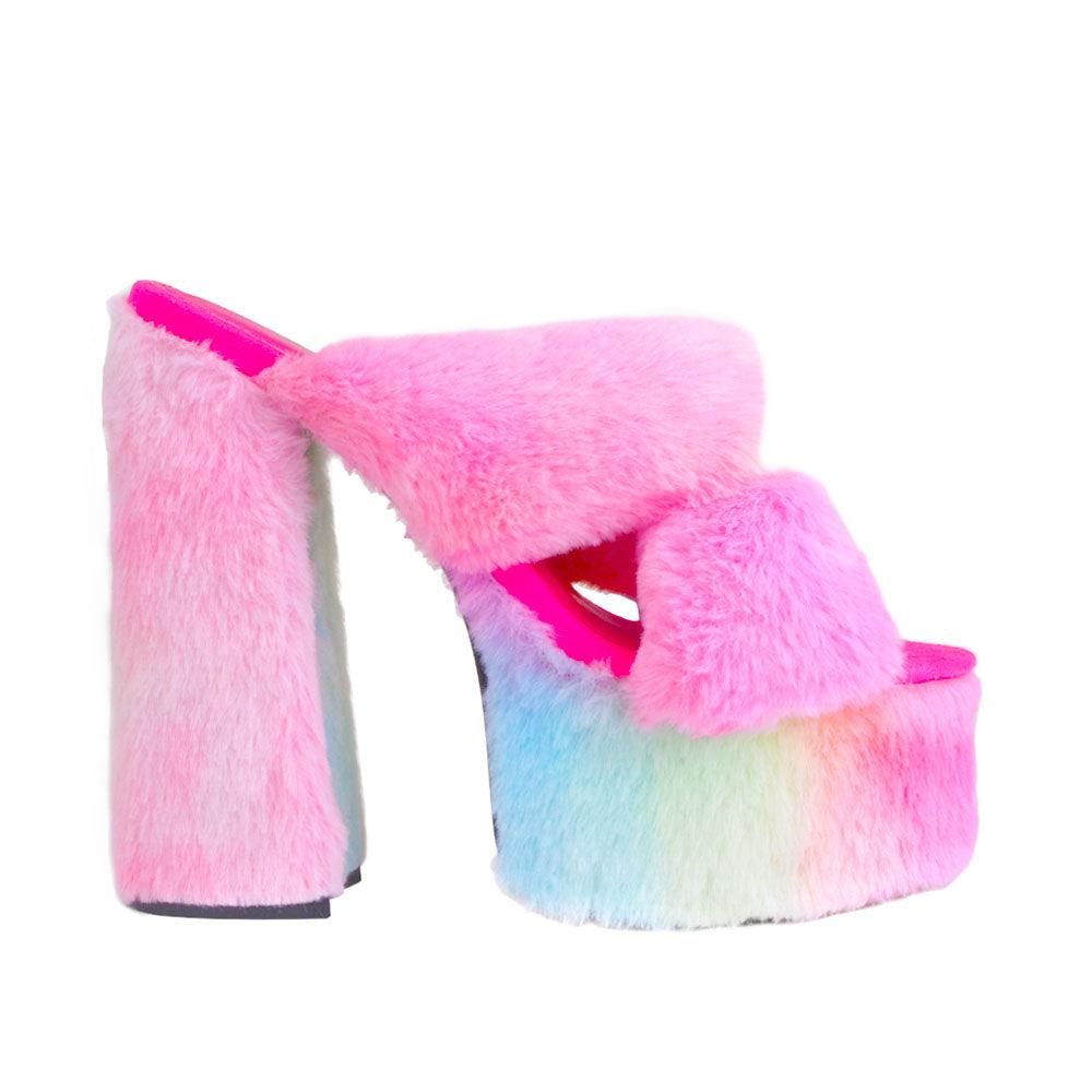 Pink colored fur women platforms-side view