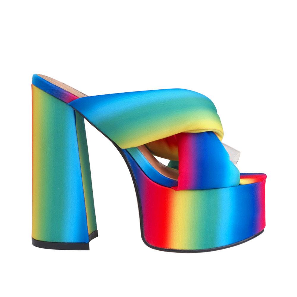 Rainbow colored fur women platforms-side view